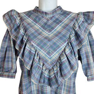 Vintage 80s Avante Rainbow Check Ruffle Western Blouse Shirt Top M Western